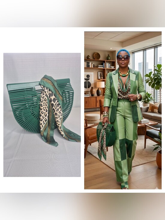 Handbags - Green Crescent Bamboo Bag with Leopard Print Scarf NWOT